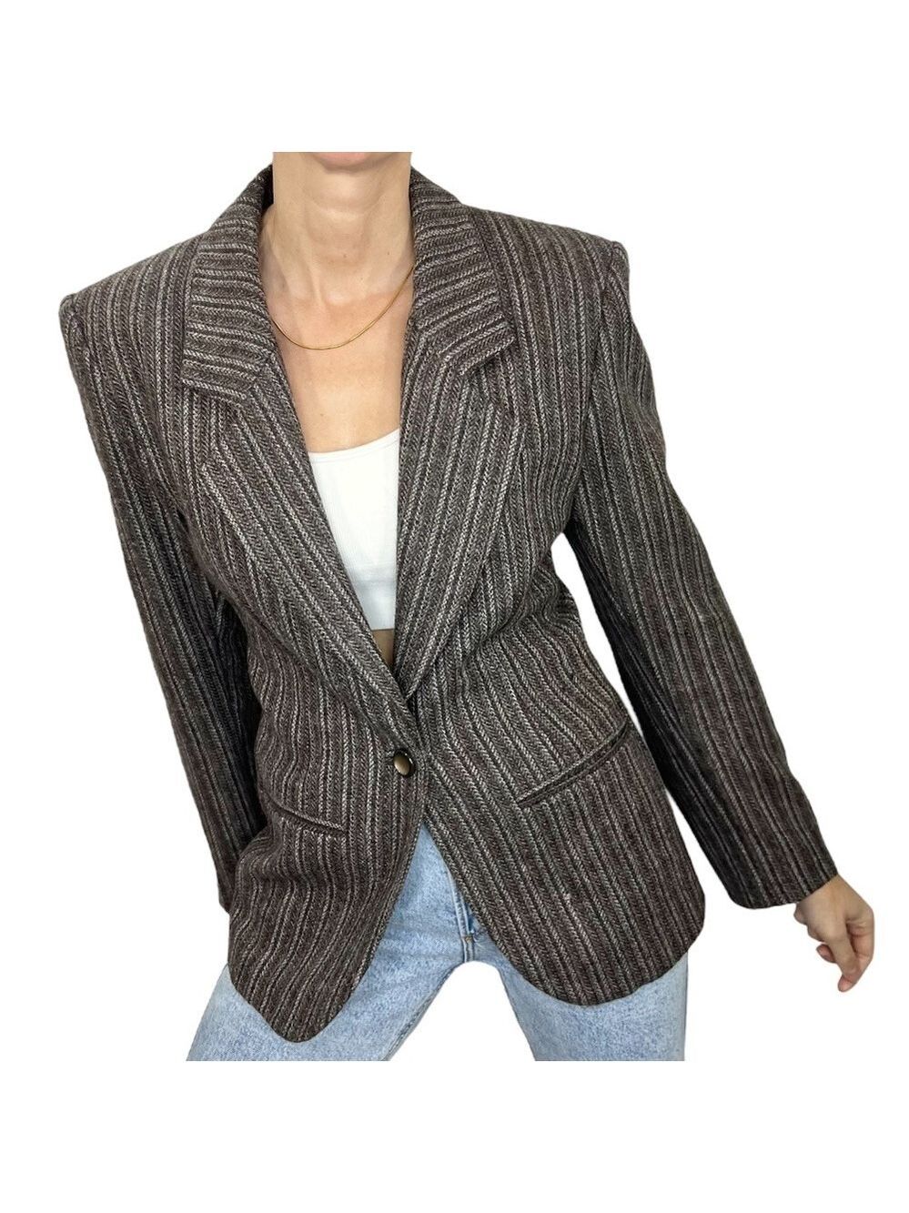 Vintage tailored preppy old money tweed stripe brown fitted jacket blazer